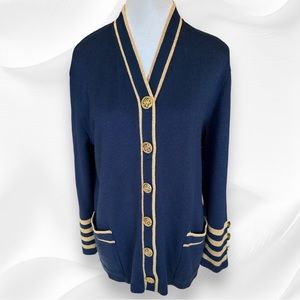 Ami Knits Vintage Navy Knit Blue Sweater With Gold Trim And Button Detail